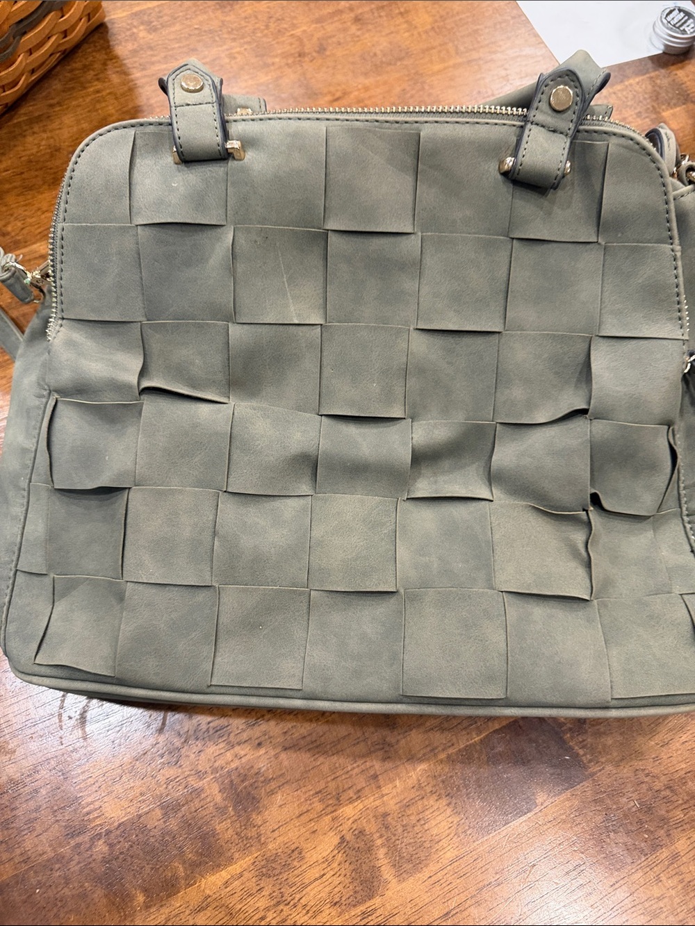 Woven-Panel Shoulder Bag in Olive Green